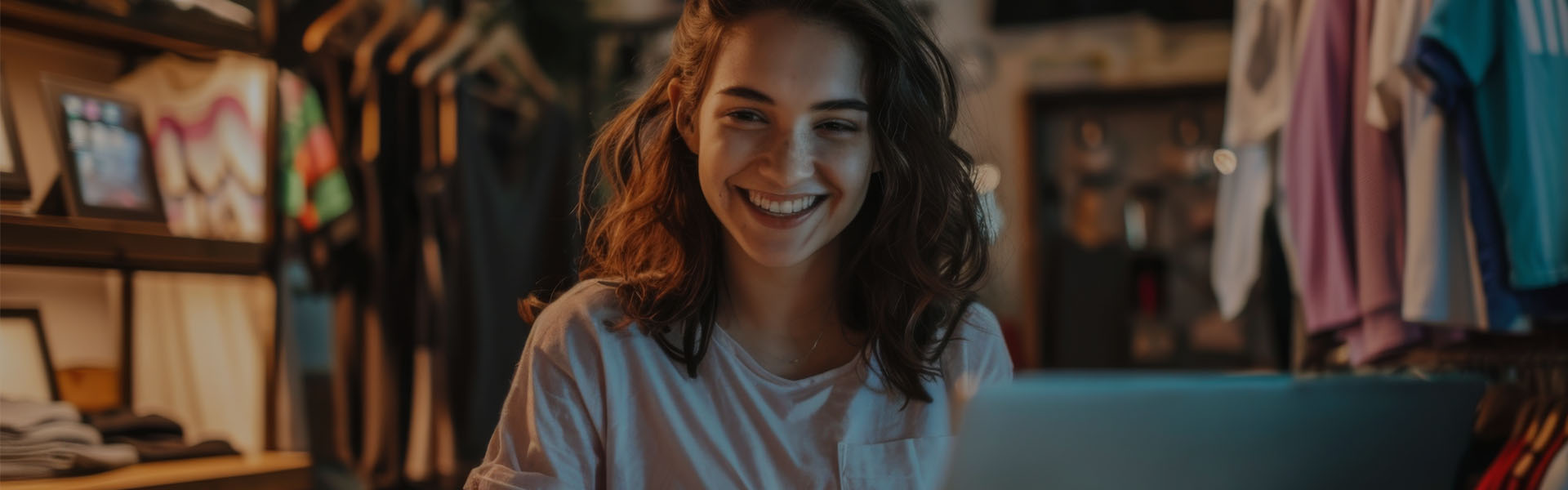 Mulher de camisa branca olhando para frente sorrindo mexendo no computador