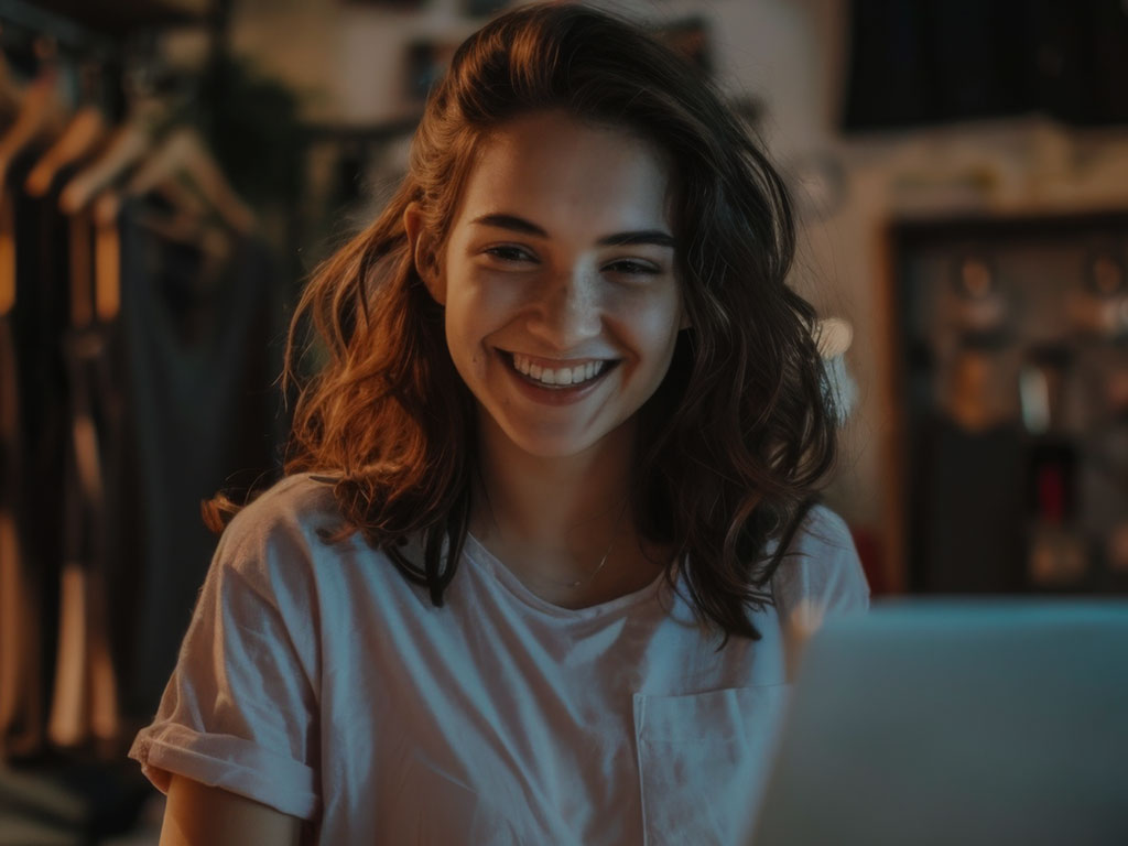 Mulher de camisa branca olhando para frente sorrindo mexendo no computador