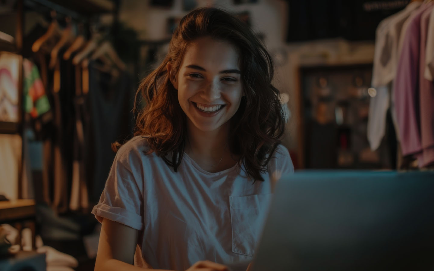 Mulher de camisa branca olhando para frente sorrindo mexendo no computador